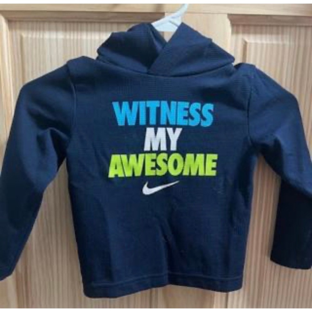 Nike Hoodie Kid 3T Navy Blue EUC Witness My Awesome Dri-FIT Waffle Knit Pullover